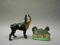 Painted Cast Iron Boston Terrier and Cottage Doorstops. 